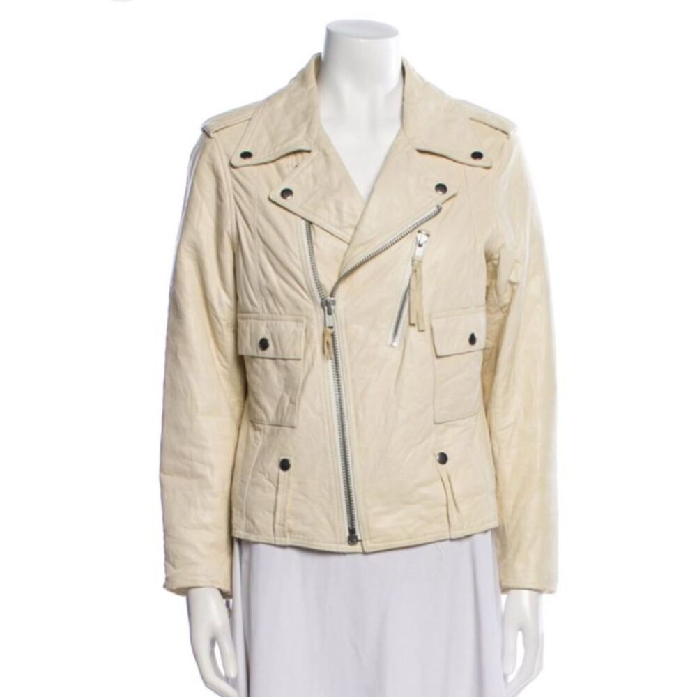 Nili Lotan Leather Zip up Biker Jacket Ivory Size XS